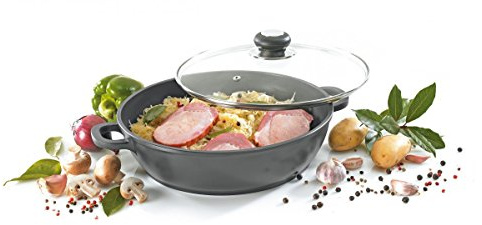 Krüger Aluguss Servierpfanne Delta Ø 28 cm (3 L) |Mit Glasdeckel | Antihaft-Versiegelung|Induktionsgeeignet|Backofenfest bis 180°C|Ideal für Pfannengerichte & Schmorgerichte|Fettarmes Kochen