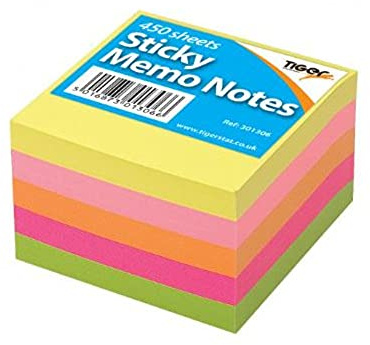 Tiger Sticky Memo Notes Neon Block Cube Pad 3x3 450 Sheets