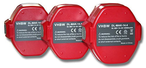 vhbw 3X Batterie Compatible avec Makita 6281DWPE, 6281D, 6280DWAE, 6333D, 6280DWALE, 6280D, 6271DWAE Outil électrique (3000 mAh, NiMH, 14,4 V)