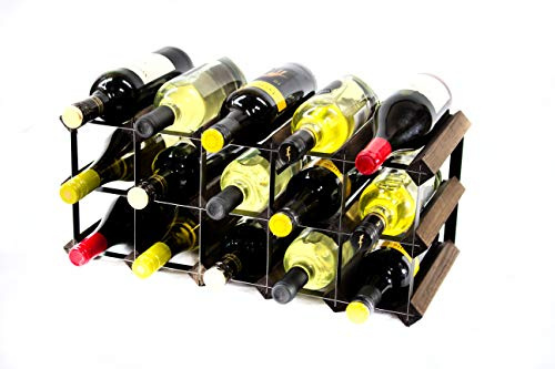 Classic 15 Bottle Dark Oak Stained Wood and Black Metal Wine Rack | Ready Assembled