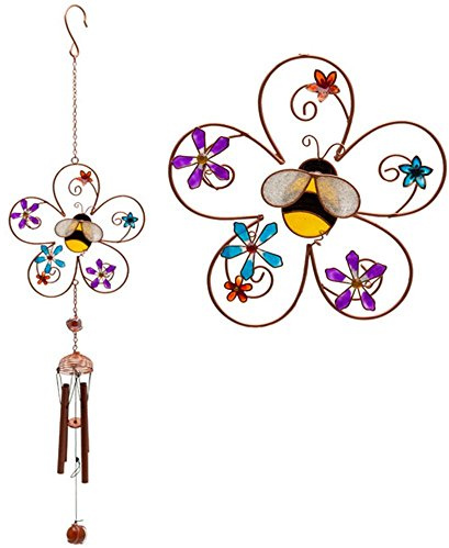 Windspiel Biene und Blumen, buntes Design, Glas, Metall, Harz, Haus und Garten (Design B)