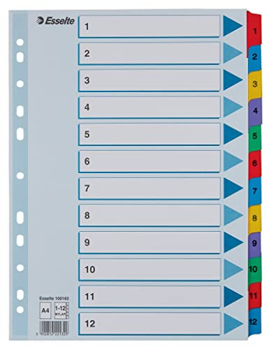 Esselte Register für A4, Deckblatt und 12 Trennblätter, Taben mit Zahlenaufdruck 1-12, Lochrand und Taben folienverstärkt (Mylar), Blau, Karton, 100162