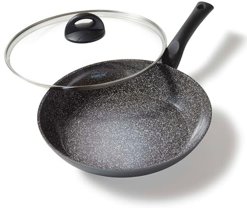 STONELINE Padella Antiaderente in CERAMICA 28 cm, con Coperchio, Padella Grande, Rivestimento Antiaderente con Vere Particelle di Pietra in CERAMICA Senza PFAS, a Induzione, Tutti i Piani Cottura