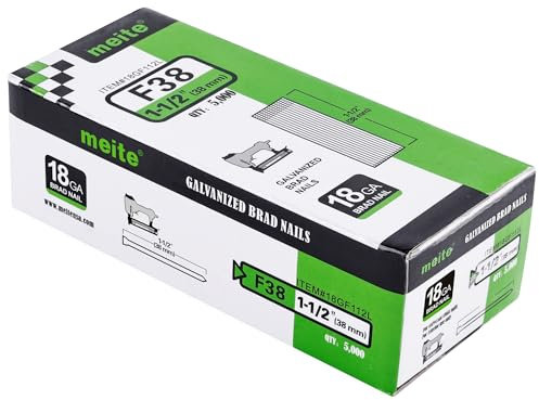 meite F38 Type 18G / 38 mm Brad Nails, 18 Gauge Brad Nails Galvanised Small Finishing Nails for Brad Nailer Gun (5,000 Counts)