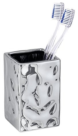 WENKO Zahnputzbecher Lagos - Zahnbürstenhalter für Zahnbürste und Zahnpasta, Keramik, 7.3 x 11.4 x 7.3 cm, Chrom