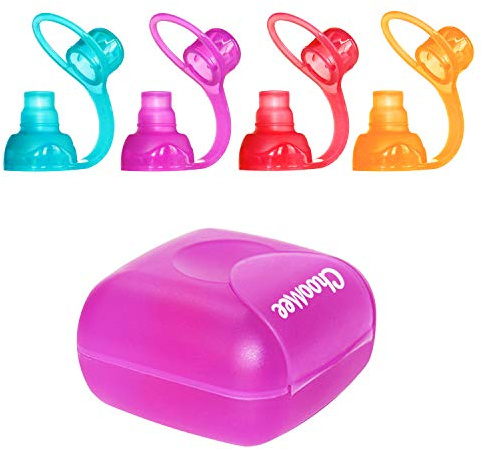 ChooMee SoftSip Silikon-Saugaufsatz + Rosa Reisebox | Auslaufsicherer Baby-Nahrungsaufsatz | Zahnfleischschutz | BPA-frei | Wiederverwendbarer Fütterungsaufsatz | 4 Stück