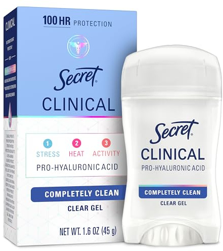 Secret Clinical Strength Antiperspirant Deodorant for Women, 100hr Sweat & Odor Protection, 3X Stress Protection with Hyaluronic Acid, PH Balancing Minerals, Clear Gel, Completely Clean Scent, 1.6 oz