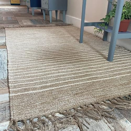 Second Nature Online - BEKAL Flächenteppich | Sandbeige und weißes Nadelstreifengewebe aus Baumwolle Jutegarn | Handgewebt | Ethischer Handel | Umweltfreundlich (60 x 90 cm)