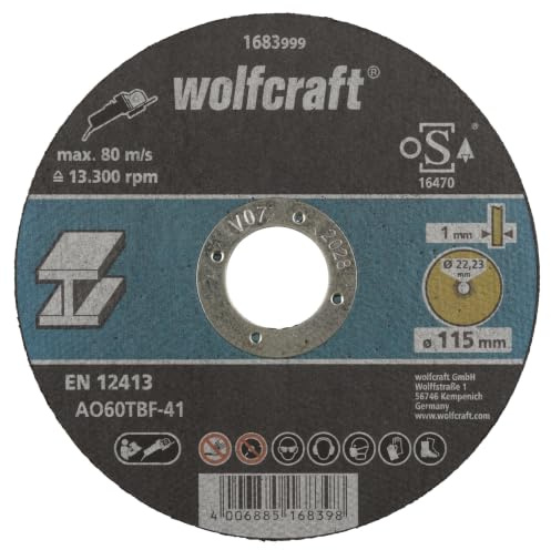 wolfcraft Trennscheibe für Metall Ø 115 mm I 1683999 I extra dünn I für hohe Schnittgeschwindigkeit und gratarme Schnitte mit dem Winkelschleifer