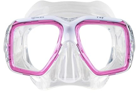 Mares Ray Scuba Diving & Snorkeling Mask - Adult Wide Field of Vision Ergonomic Two-Lens Silicone Skirt Underwater Mask with X-Shaped Strap, Pink/White/Clear