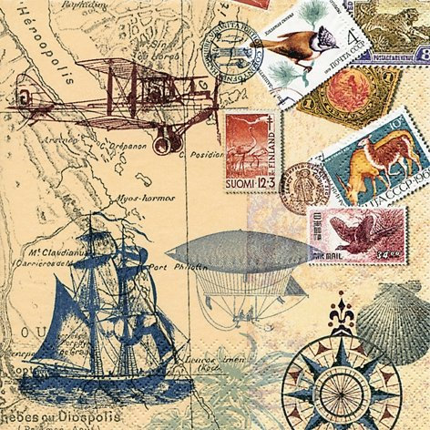 20 Servietten 33x33 cm Rund um die Welt Around the World Flugzeug Schiff Meer See Briefmarke