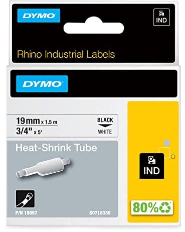 DYMO Rhino Industrie Schrumpfschlauch-Kabeletiketten | 19 mm x 1,5 m | schwarze Schrift auf weißem Untergrund | selbstklebend