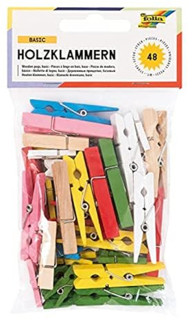 folia 2295 - Holzklammern farbig, 48 Stück, sortiert in 3 Größen - ideal für Notizen, Dekorationen und Fotoleinen