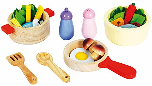 Kochgeschirr-Set für Spielküche aus Holz, Pfanne und Lebensmittel