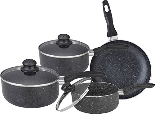 7Pc Aluminium Non Stick Cookware Set - Includes A Saucepan & Frying pan | Marble Coated with Ventilated Glass Lids, Bakelite Handles, Kitchenware | Strong Quality, Long Lasting & Durable