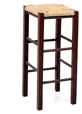 Okaffarefatto Maddaloni - Tabouret en bois massif couleur noyer foncé, avec pieds droits et assise carrée en paille, de 70 cm de hauteur - Déjà monté