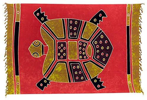 Kascha Sarong Pareo Wickelrock Strandtuch Tuch Wickeltuch Handtuch - Blickdicht - ca. 170cm x 110cm - Rot Ocker Batik mit Schildkröte Motiv Handgefertigt inkl. Kokos Schnalle in Rauteform