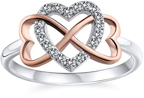 Anello di promessa per donne con accento in pavé CZ a due toni romantico, zirconi cubici intrecciati a forma di infinito e cuore, placcato in oro rosa, argento sterling .925