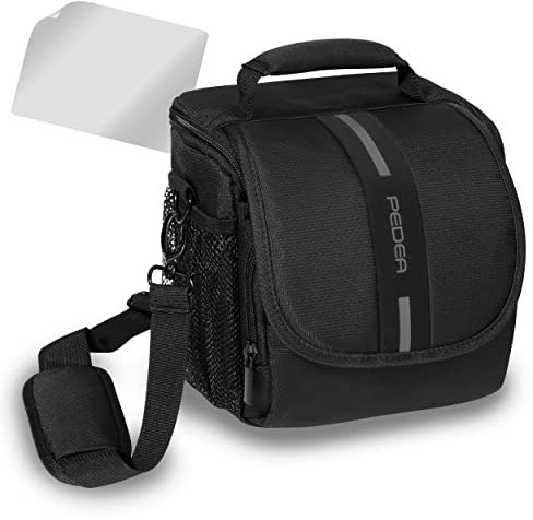 PEDEA DSLR-Kameratasche Essex mit Displayschutzfolie für Nikon D500 D750 D3500 D5200 D300 Coolpix B500 / Sony Alpha 7 7M2 7M3 7R II DSC-RX10 / Canon EOS 77D 200D 1200D 1300D, Gr. M schwarz/grau