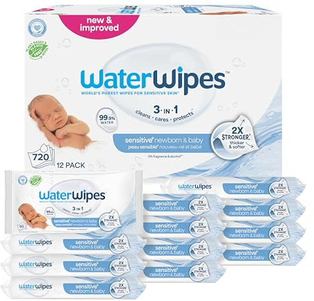 WaterWipes Sensitive+ Newborn & Baby Wipes, 3-In-1 Cleans, Cares, Protects, 99.9% Water, Unscented & Hypoallergenic, 720 Count (12 Packs)