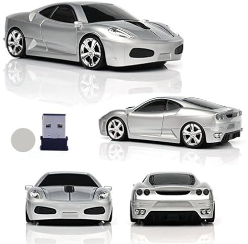 UrChoiceLtd® Car Mouse, 2.4GHz Wireless Mouse 3D 1600DPI Fashion Sports Racing Car Shape Optical Usb Cordless Gaming Mouse with Headlight and Tail Light-Up (Silver)