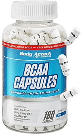 BODY ATTACK BCAA CAPSULES 180 Caps / 18 Portionen, hochdosierte 6000 mg verzweigtkettige Aminosäuren im idealen 2:1:1-Verhältnis, mit Vitamin B6, Pantothensäure und Biotin, Made in Germany