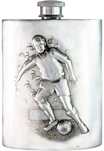 Pewter Hip Flask Football Soccer Scene 6oz Embossed Kidney Shaped Screw Top