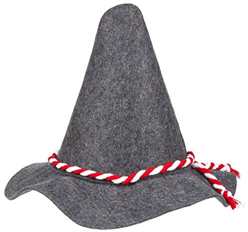 Premium Seppelhut aus 5 mm dickem Qualitätsfilz, hochwertiger Trachtenhut (Gewicht: 140 Gramm) für das Oktoberfest, Tirolerhut mit roter Kordel in Einheitsgröße, Hut für die Wiesn