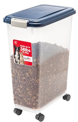 IRIS USA 35Lbs./47Qt. WeatherPro Airtight Pet Food Storage Container with Attachable Casters, For Dog Cat Bird and Other Pet Food Storage Bin, Keep Fresh, Translucent Body, Easy Mobility, Navy
