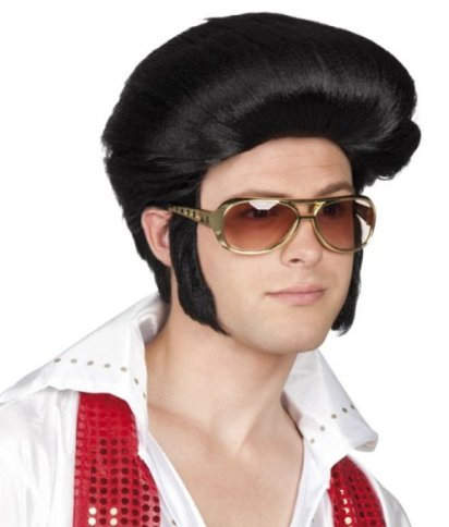 NFP Elvis King Perücke mit Kotletten - Retro - Schwarz - Menschliches Haar - Lockig - WIG - Fasching Karneval - Wig
