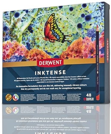 Derwent Inktense Permanent wasserlösliche Aquarellstifte, 48er Set in hölzerner Geschenkbox, 4 mm Premium-Kernstärke, ideal zum Ausmalen, Malen und Basteln, professionelle Qualität (2300151)