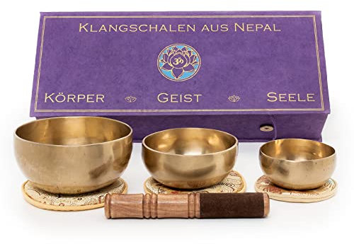 Körper-Geist-Seele-Box mit 3 feinen Klangschalen für das Herz-Chakra, das Stirn-Chakra und Kronenchakra für Meditation u. Klang-Therapie I Handgeschmiedet I Inkl.Klöppel/Pads I Fair Trade aus Nepal