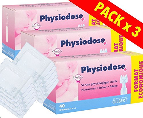 Physiodose Sérum physiologiques Lot de 3 boîtes de 40 unidoses + 10 Sachets de 2 Compresses Stériles 7,5x7,5cm