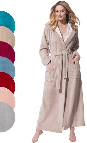 Morgenstern Bademantel Damen mit Kapuze in Beige lang leicht Frauen Duschmantel Morgenmantel Saunabademantel Baumwolle Microfaser Viskose Größe L