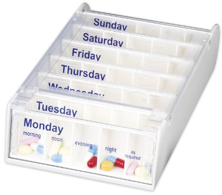 Patterson Medical Weekly Pill Organiser – 7 Day Box with 5 Daily Compartments – Detachable, Portable Tablet Pots for Medication, Vitamins and Supplements with Sliding Lids