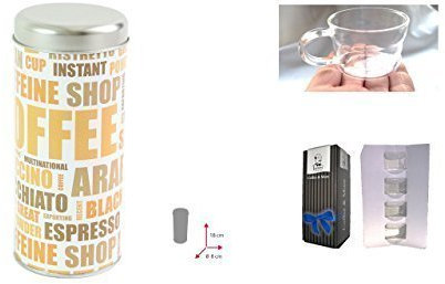 Kaffeepad Dose Espresso, ca. 7,5 x 18 cm, Farbe Espresso ! mit Aufdruck + Design Glastasse, Kaffeetasse, Kaffee, Tasse, Glas, 100ml, 4er Pack im Geschenk Karton