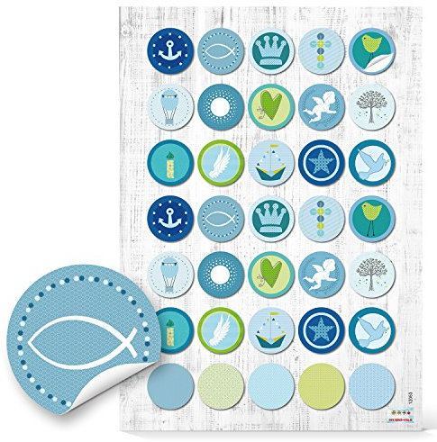 Logbuch-Verlag 35 blau türkise Kinder Sticker Aufkleber Kommunion Taufe Fische Engel Anker rund 3 cm