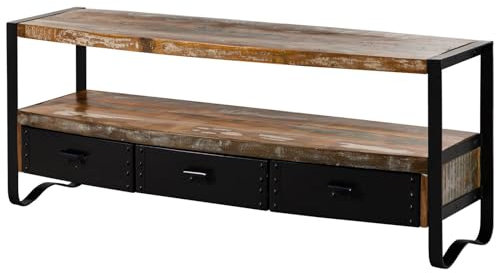 MASSIVMOEBEL24.DE | Industrial massives TV-Board #05 - Mehrfarbig, lackiert | aus Altholz | Eisenelemente Vintage-Look | 145x43x60cm | 2 Schubladen - 1 offenes Fach | Lowboard