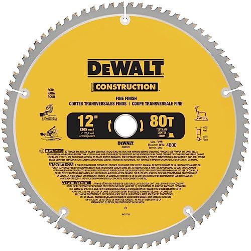 DEWALT 12-Inch Miter Saw Blade, ATB, Thin Kerf, Crosscutting, 1-Inch Arbor, 80-Tooth (DW3128), Yellow