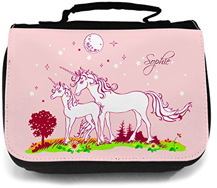Waschtasche Waschbeutel Kulturbeutel Kosmetiktasche Reisewaschtasche cosmeticbag Einhorn Einhörner Mondschein Sternenhimmel mit Name Wunschname rosa wt006