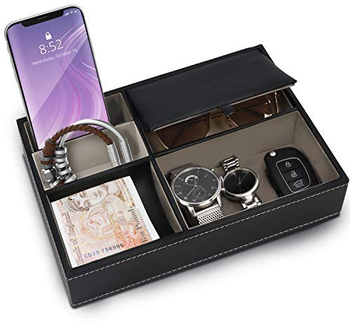 BELLE VOUS Ablage Tablett Schwarz Kunstleder 5 Fächer Schlüssel Ablage – Herren Organizer Ablage Schreibtisch, Accessoires Herren für Handy, Münzen, Schmuck, Schlüssel, Uhr – Nachttisch Organizer