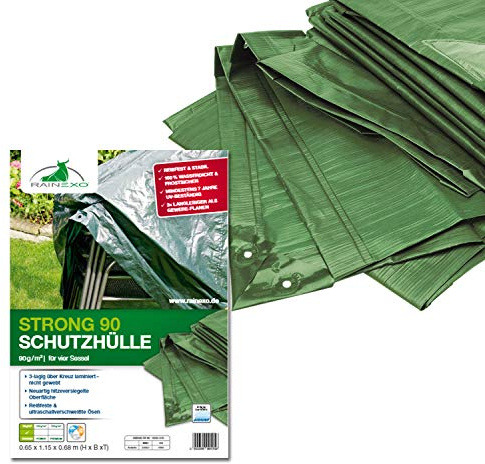Rainexo Abdeckplane für Gartenmöbel / Wetterschutzhaube hochreißfest, Grün, für 4 stapelbare Sessel 0.65 x 1.15 x 0.68 m