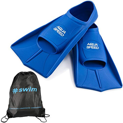 Aqua Speed Trainingsflossen I Kinder Kids I leichte Schwimmflossen für Jungs Mädchen I Kurzflossen Schwimmtraining I Kurze Flossen I weiche Badeflossen I + Ultrapower Rucksack I blauI11; Gr. 35I36