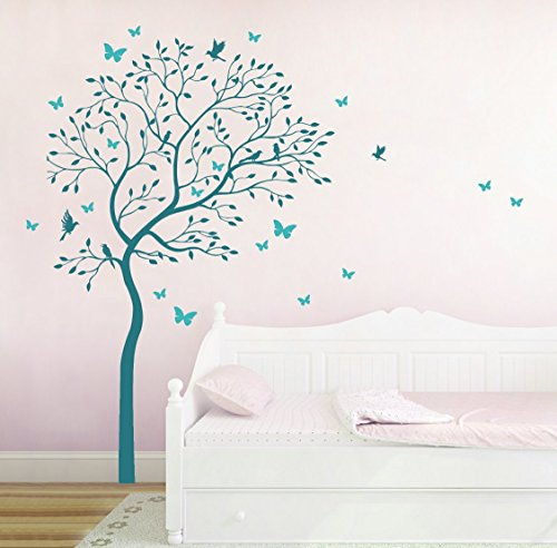 Wandtattoo Wandaufkleber Baum mit Kolibris und Schmetterlinge M1535 zweifarbig - ausgewählte Farbe: *Türkis/Helltürkis* - ausgewählte Größe: XL 120cm breit x 175cm hoch