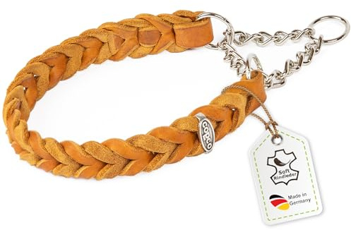CopcoPet Fettleder Halsband 30–35cm x 20mm Cognac – Geflochten mit Zugstopp-Kette – Robust & weich – Verchromte Kette – Lederhalsband für kleine Hunde, Training & Alltag