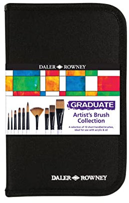 Daler-Rowney Graduate Multi-Technique Brush Set in a Zip Case, Synthetic Hair, Short Handle, 10 Assorted Brushes, Ideal for Acrylic & Oil Painting, Ideal for Student Artists & Hobbyists