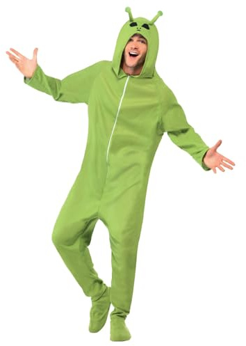 Smiffys Alien Costume, Green with Hooded All in One, Halloween Space Fancy Dress, Adult Dress Up Costumes