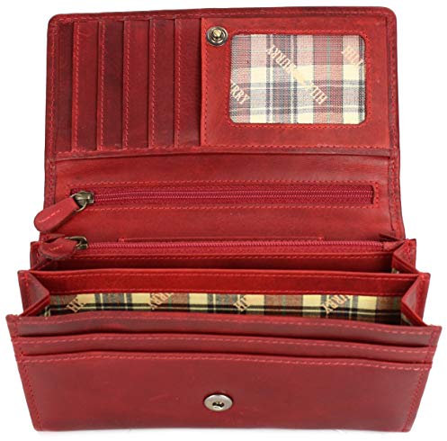 Hochwertige Vintage Leder Damen Geldbörse Portemonnaie langes Portmonee Geldbeutel aus weichem Leder mit RFID in rot - 17,5x10x3cm (B x H x T)