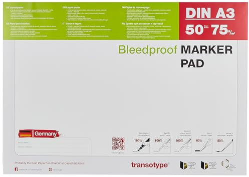 transotype Marker Pad, Layoutpapier für den Einsatz von Pigment-Markern, DIN A3, 70 g/qm, 50 Blatt, extrem weiß, säurefrei, Farbe schlägt nicht durch