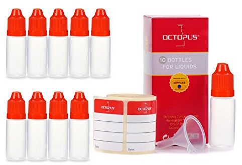 Octopus 10 Plastikflaschen 10 ml aus LDPE, G14, Tropfverschluss, Kindersicherung, rot + 1 Minitrichter